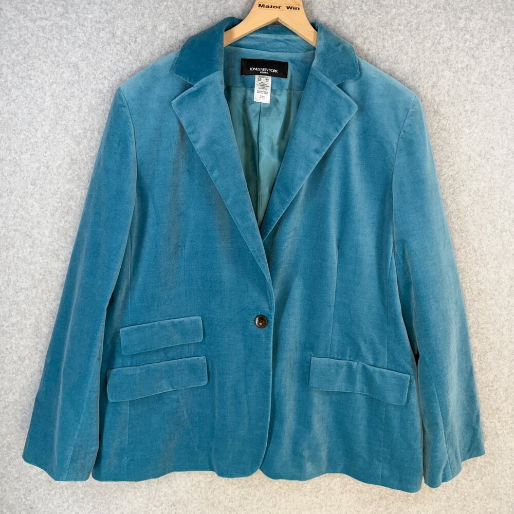 Jones New York Women's Velvet Blazer Coat Blue Teal 16W Stretch Lined Pockets